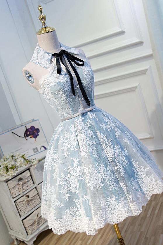 Light Sky Blue Halter Homecoming Dress with Lace Appliques, Cute Short Formal Dress UQ1971