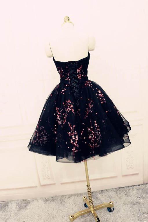 Black Cute Sweetheart Tulle Formal Dresses, Puffy Strapless Appliqued Homecoming Dress UQ1878