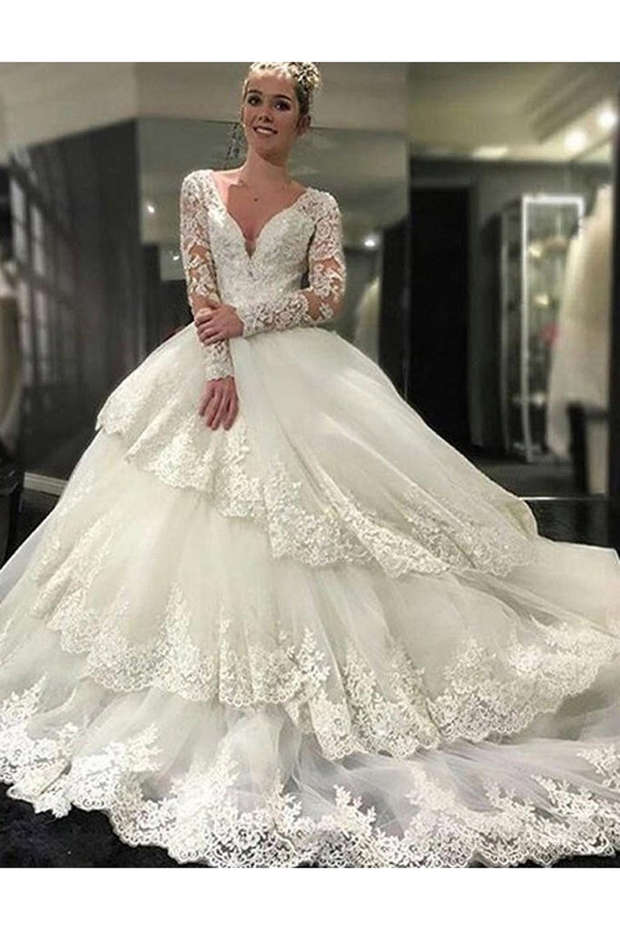 Ivory Deep V-Neck Long Sleeves Lace Appliques Chapel Train Tiered Wedding Dress UQ2083