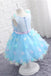 A-Line V Neck Sky Blue Tulle Flower Girl Dress with Applique Bow UF060
