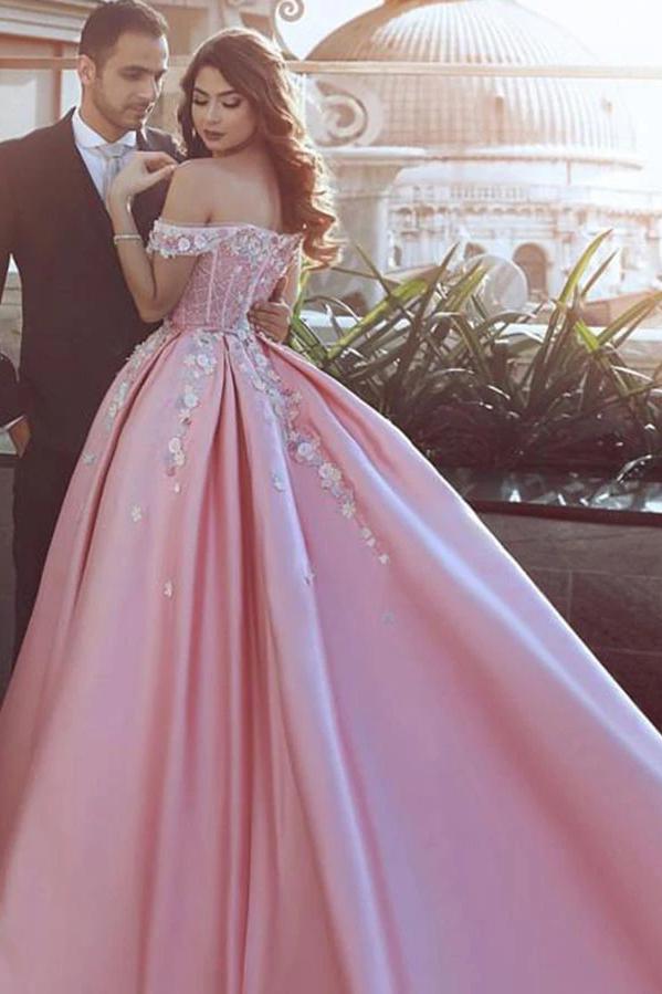 Ball Gown Off the Shoulder Appliqued Satin Long Quinceanera Dresses, Puffy Long Prom Dress UQ2565