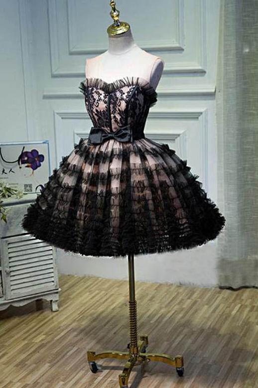 A Line Sheer Neck Tulle Homecoming Dress with Bowknot, See Through Short Formal Dress UQ1979