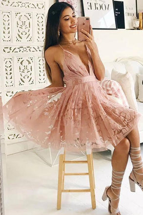 A Line V Neck Lace Junior Popular Short Homecoming Dress, Short Party Dress UQ2157