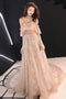 Charming Straps Flowy Tulle Lace Prom Dress with Train, A Line Evening Dress with Ruffles UQ2104