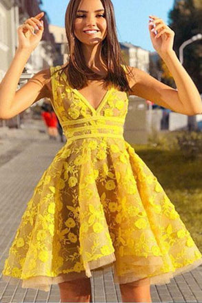 Fashion V neck Yellow Short Lace Prom Dress, A Line Short Homecoming Dress UQ2187