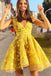 Fashion V neck Yellow Short Lace Prom Dress, A Line Short Homecoming Dress UQ2187