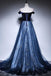 Dark Blue Velvet Tulle Long Prom Dress, Elegant Off the Shoulder Evening Dress with Sleeve UQ2608