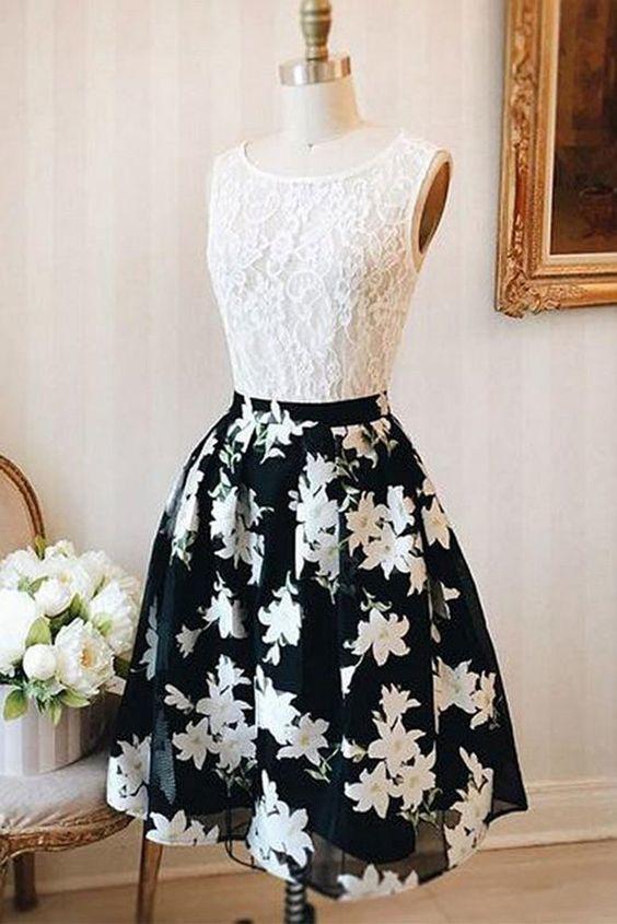 A Line Sleeveless Floral Short Homecoming Dress with Lace Top, Cute Graduation Dress UQ1901