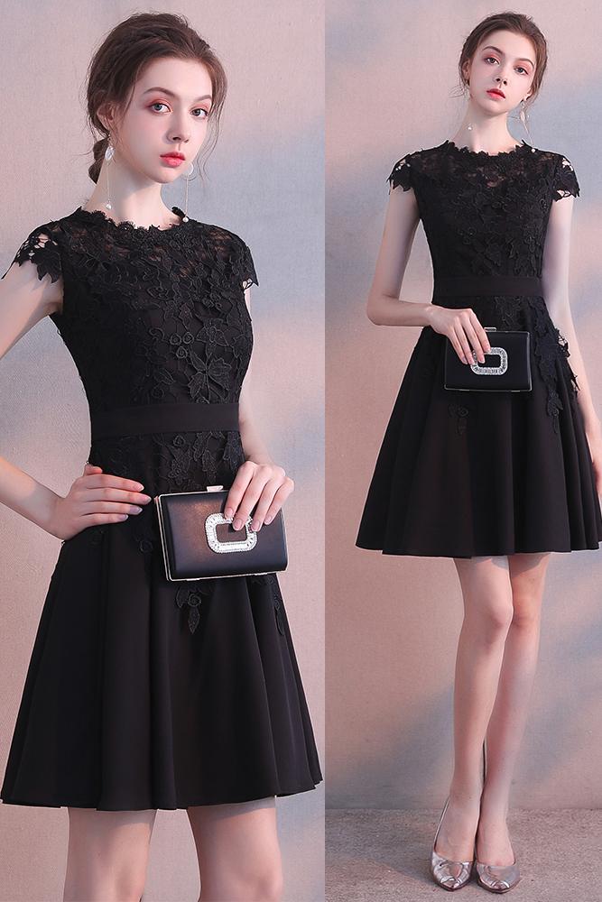 Black Cap Sleeves Satin Short Homecoming Dress with Lace, Cute Mini Cocktail Dresses N1961