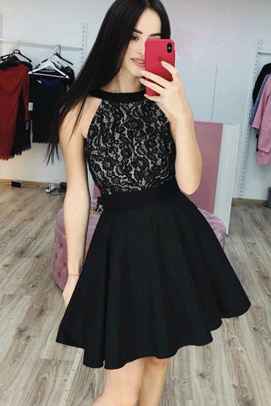 Black Lace Satin Simple Homecoming Dresses, Fashion Sleeveless Short Prom Dress UQ1819