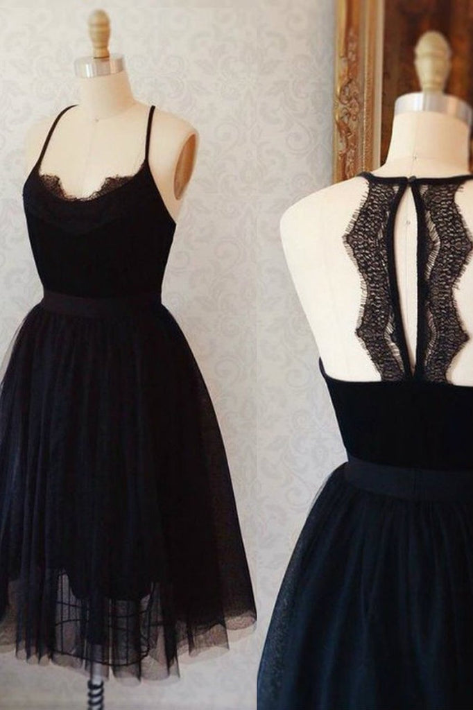 A Line Black Little Dress, Cute Sleeveless Tulle Black Knee Length Homecoming Dresses N1940
