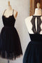 A Line Black Little Dress, Cute Sleeveless Tulle Black Knee Length Homecoming Dresses UQ1940
