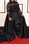 Black Long Sleeves Satin Plus Size Prom Dress with Lace, Long Prom Gown UQ2216