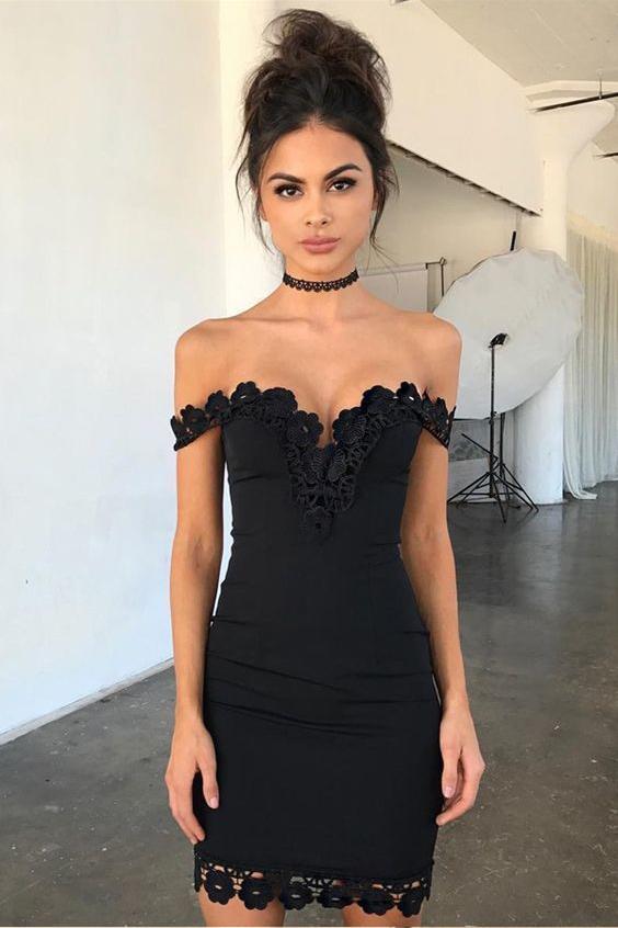 Black Off the Shoulder Sheath Short Formal Dresses, Homecoming Dress with Lace UQ1898