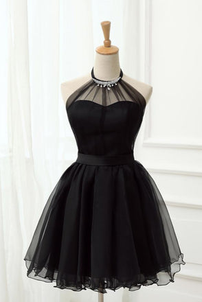 Black Halter Sleeveless Short Tulle Homecoming Dresses, Cute Little Black Short Prom Dresses N1938