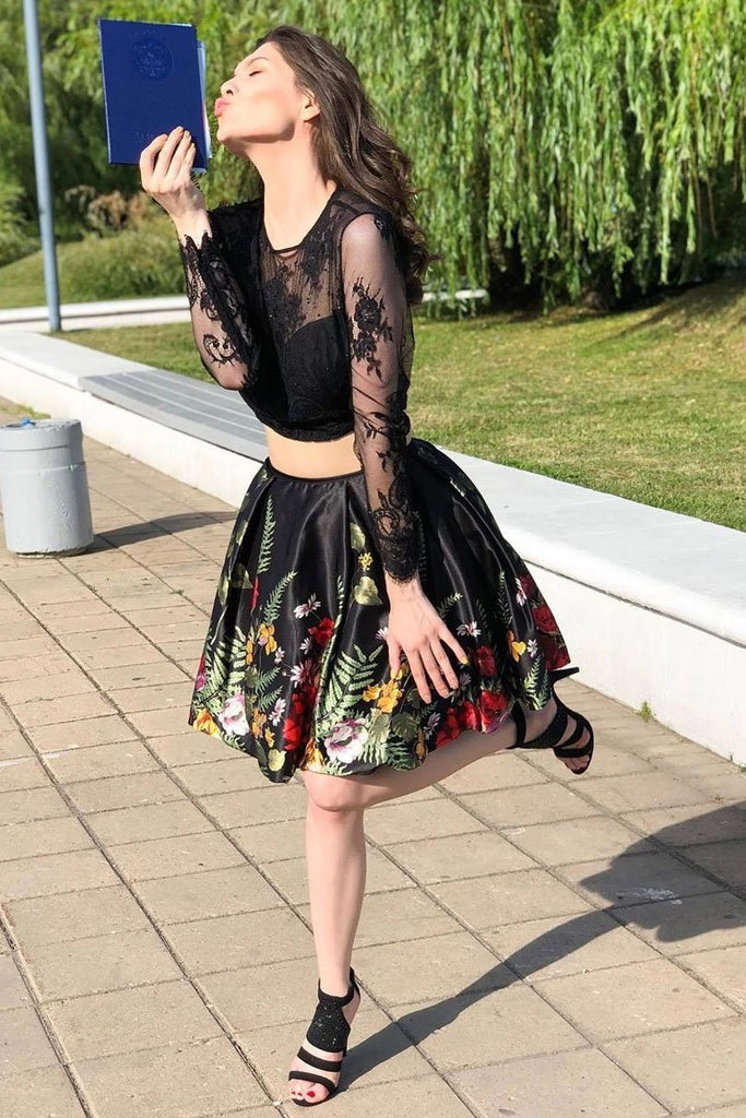 Two Piece Long Sleeve Flower Homecoming Dress with Lace, Short Graduation Dresses N2199