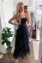 Black Spaghetti Straps Ankle Length Prom Dress with Ruffles, Tulle Party Gown UQP0091