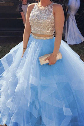 Two Piece Long Tulle Prom Dress with Sequins, Sparkly Long Party Gown UQP0169