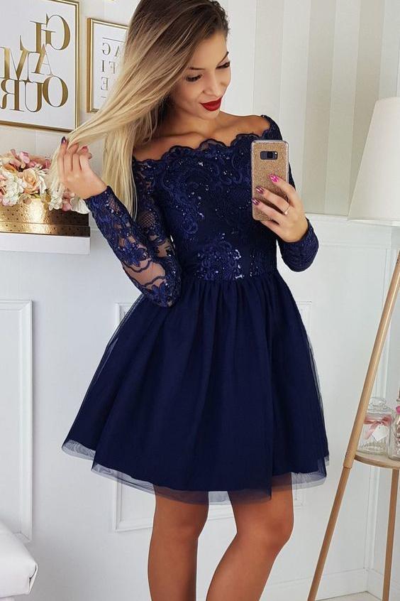 Cute Off the Shoulder Tulle Homecoming Dress with Lace Appliques, Short Prom Dresses UQ1843