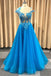 Blue Sheer Neck Appliqued Tulle Prom Gowns, A Line Cap Sleeves Long Grduation Dresses UQ1748