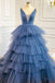 Blue V Neck Tiered Sleeveless Tulle Prom Dress, Gorgeous Long Party Dress UQP0126
