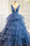 Blue V Neck Tiered Sleeveless Tulle Prom Dress, Gorgeous Long Party Dress UQP0126