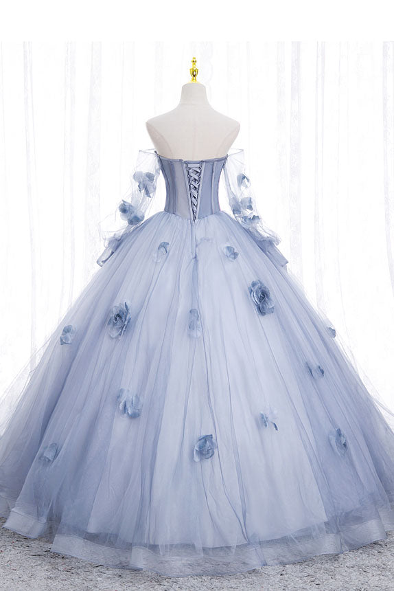 Blue Long Sleeves Tulle Prom Dress with Flowers, Puffy Off the Shoulder Quinceanera Dress UQP0192