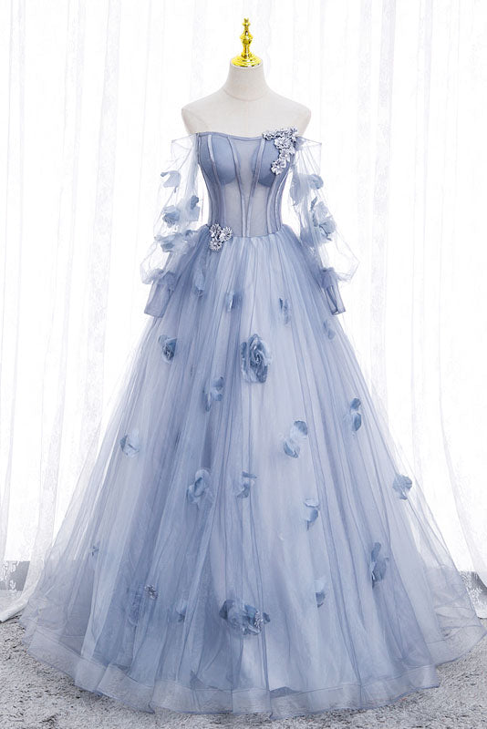 Blue Long Sleeves Tulle Prom Dress with Flowers, Puffy Off the Shoulder Quinceanera Dress UQP0192