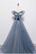 Blue Off the Shoulder Tulle Long Prom Dress with Sash, Sparkly Formal Gown UQP0138
