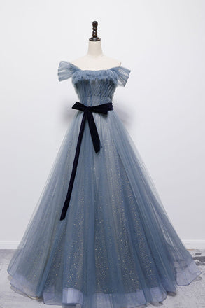 Blue Off the Shoulder Tulle Long Prom Dress with Sash, Sparkly Formal Gown UQP0138