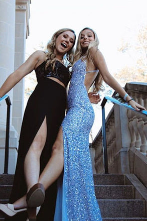 Blue Sequined V Neck Sleeveless Shiny Prom Dress, Split Formal Gown UQP0117