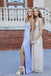 Blue Sequined V Neck Sleeveless Shiny Prom Dress, Split Formal Gown UQP0117