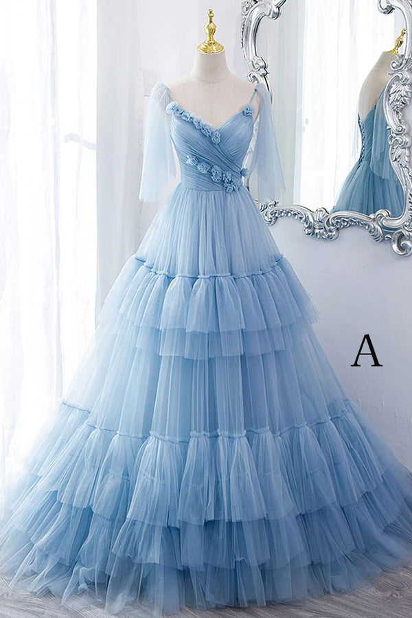 A Line V Neck New Style Tiered Long Tulle Prom Dress, Evening Gown wit ...