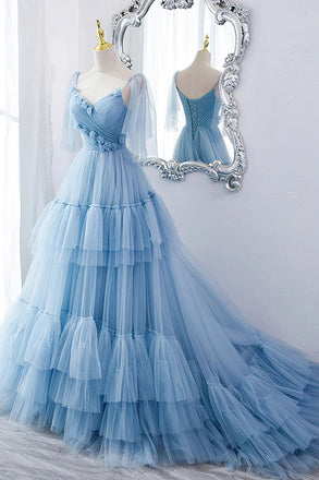 A Line V Neck New Style Tiered Long Tulle Prom Dress, Evening Gown with Flower UQP0187