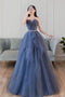 Blue Sweetheart Sleeveless Floor Length Sparkly Evening Prom Dress with Belt UQP0072