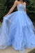 A-Line Fluffy Blue Fashion Prom Dresses with Lace, Strapless Tulle Evening Dresses UQP0144