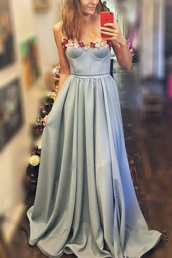 Blue Strapless Satin A Line Long Prom Dress, Sweetheart Formal Gown with Flower UQP0121