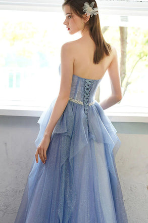 Blue Strapless Shiny Long Prom Gown with Beading, A Line Sparkly Evening Dress UQP0189