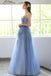 Blue Strapless Shiny Long Prom Gown with Beading, A Line Sparkly Evening Dress UQP0189