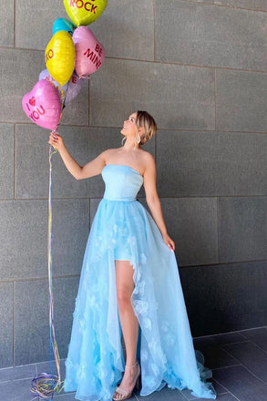 Blue Strapless Tulle Long Prom Dress with Slit and Flowers, Unique Evening Gown UQP0199