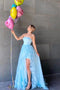 Blue Strapless Tulle Long Prom Dress with Slit and Flowers, Unique Evening Gown UQP0199