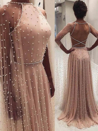 Unique A Line Backless Long Prom Dresses with Pearls, Gorgeous Long Evening Dress UQ2039