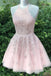Blush Pink Halter Sleeveless Appliqued Tulle Homecoming Dress, Short Prom Dress