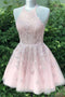 Blush Pink Halter Sleeveless Appliqued Tulle Homecoming Dress, Short Prom Dress UQH0005