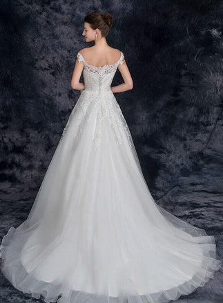 A Line Off the Shoulder Tulle Wedding Dress with Lace Appliques, Long Bridal Dresses UQ2293