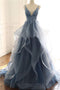 Dark Gray Tulle Prom Dress with Lace Appliques, Spaghetti Straps Sweep Train Party Dress UQ2606