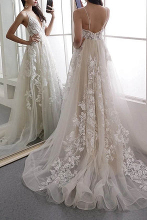Spaghetti Straps V Neck Lace Applique Boho Wedding Dress, Beach Wedding Gown UQW0047