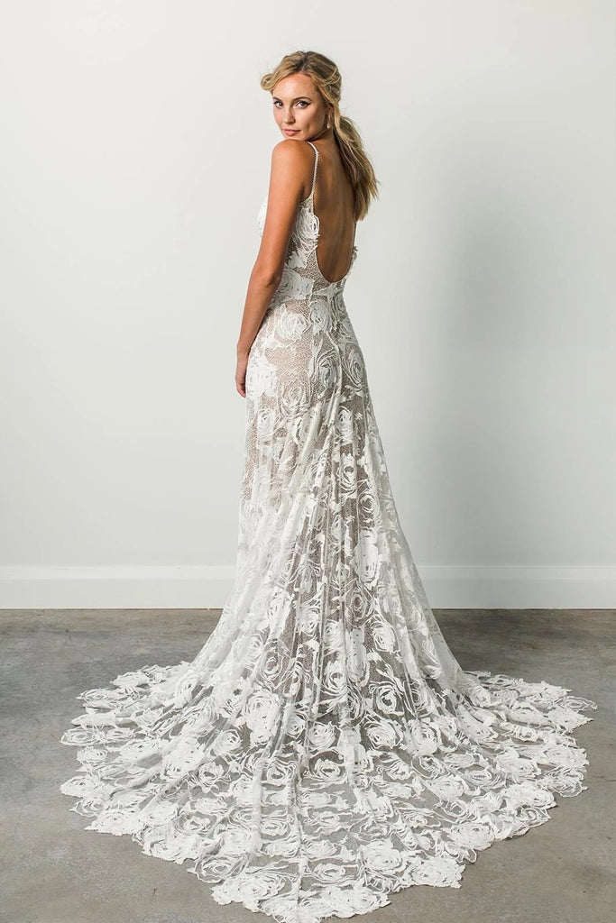 Spaghetti Straps Backless Lace Wedding Dresses, Lace Boho Wedding Dress UQ2212