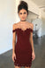 Dark Red Off the Shoulder Sheath Short Formal Dresses, Homecoming Dress with Lace UQ1897