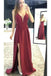 Burgundy Sleeveless Prom Dresses, Spaghetti Strap Split Satin Party Dresses UQ1724